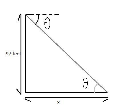 From the top of a lighthouse 97 feet​ high, the angle of depression to a small boat-example-1