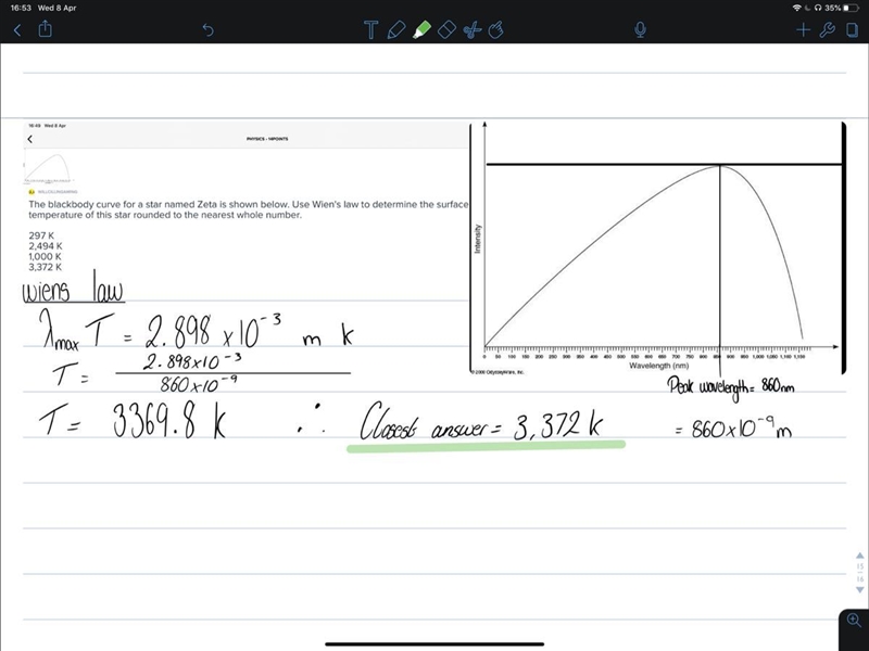 The blackbody curve for a star named Zeta is shown below. Use Wien's law to determine-example-1