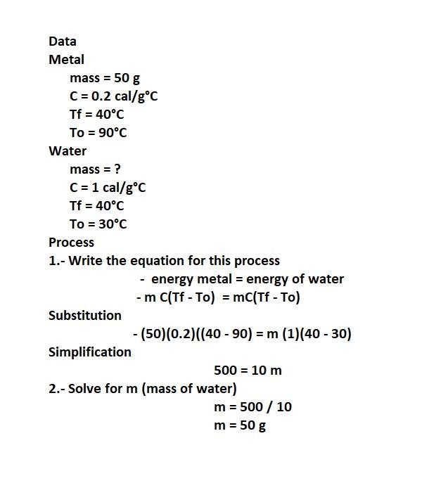 A 50g mass of metal (c = 0.20 cal/goC) at 90°C is dropped into water at 30°C and the-example-1