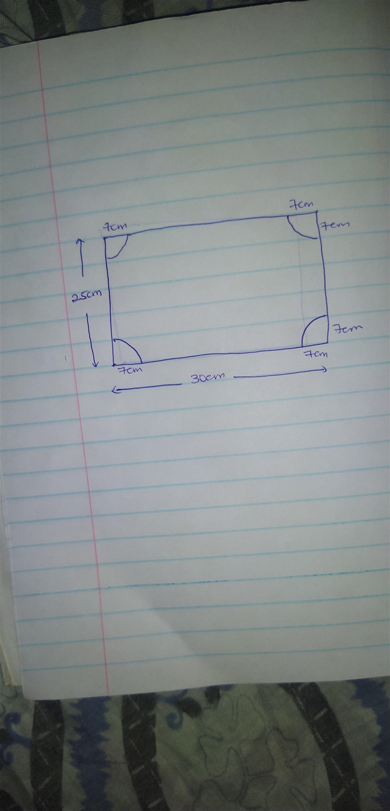 In a 30cm by 25cm rectangle, a quadrant of a circle of radius 7cm has been cut away-example-1