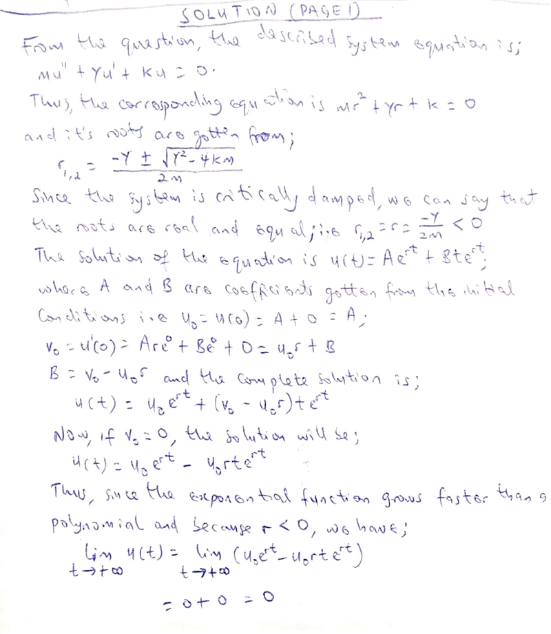 Assume that the system described by the differential equation mu+γ u+ku = 0 is critically-example-2