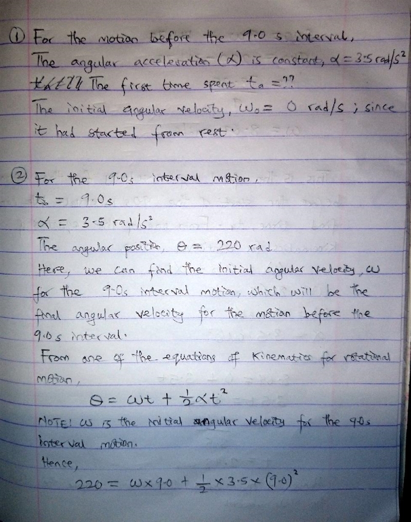 A wheel has a constant angular acceleration of 3.5 rad/s2. During a certain 9.0 s-example-1