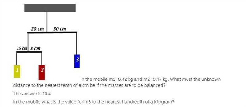 In the mobile m1=0.42 kg and m2=0.47 kg. What must the unknown distance to the nearest-example-1