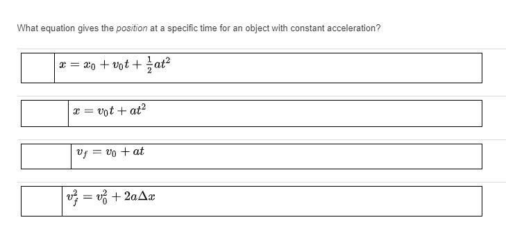 What equation gives the position at a specific time for an object with constant acceleration-example-1