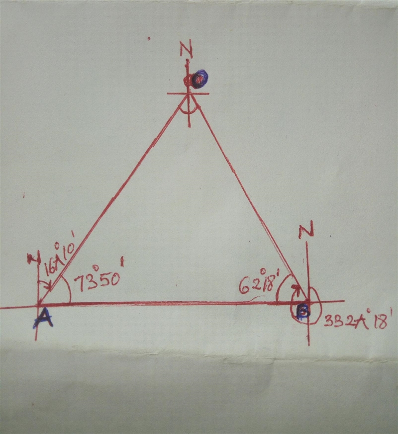 The bearing of lines A and B are 16Â° 10` and 332Â° 18`, the value of the included-example-1