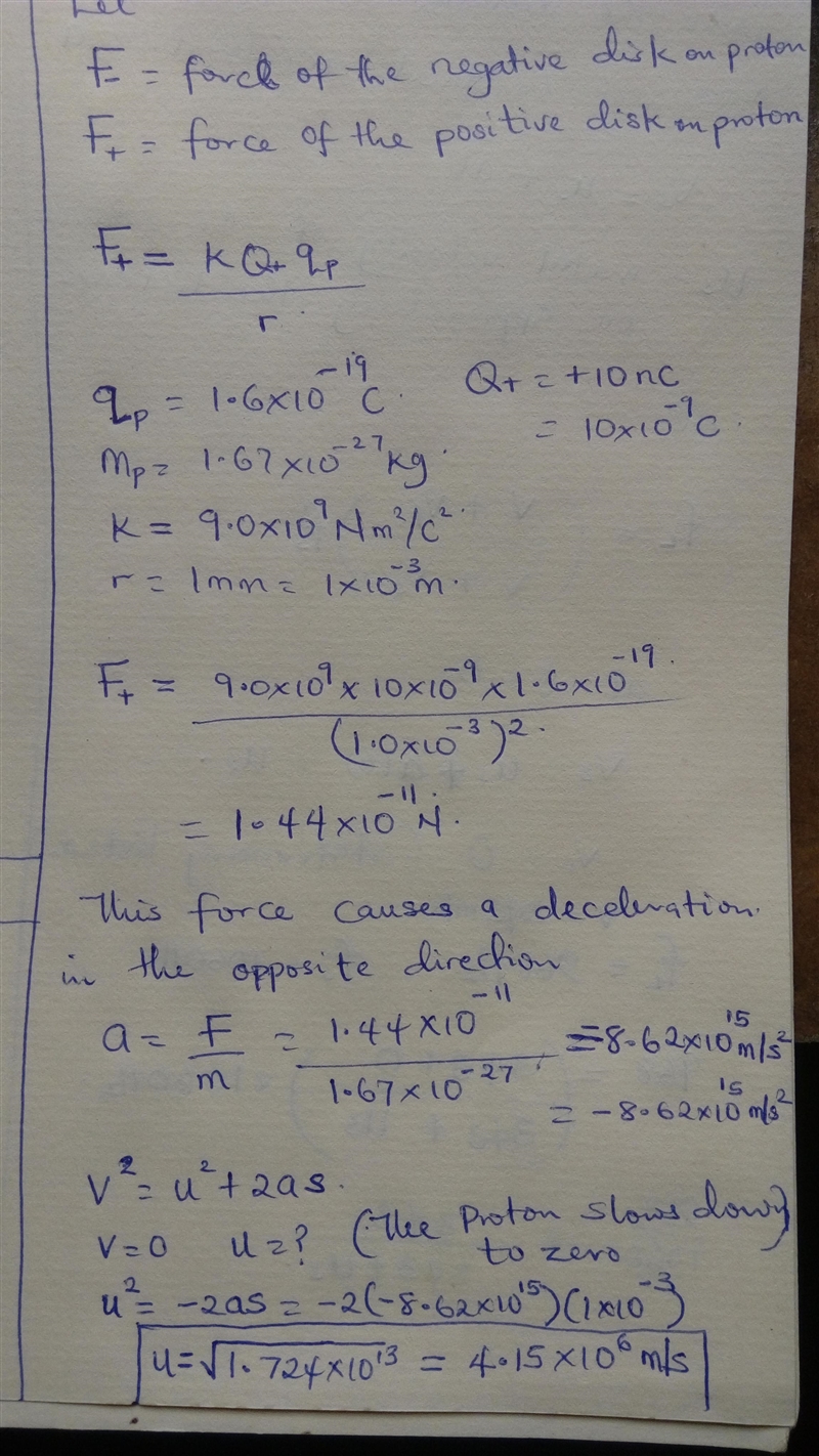 A proton is shot from the negative disk toward the positive disk. What launch speed-example-1