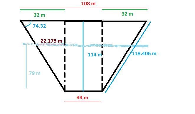 The face of a dam is shaped like an isosceles trapezoid with a lower base of 44 meters-example-1