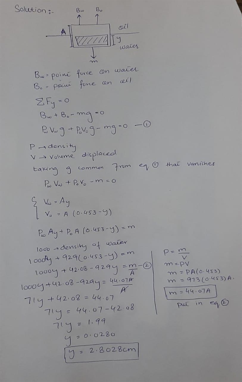 Oil having a density of 929 kg/m3 floats on water. A rectangular block of wood 4.53 cm-example-1