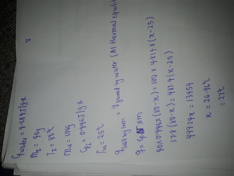 The specific heat of water is 4.184 J g—1 K—1. A piece of iron (Fe) weighing 40 g-example-1