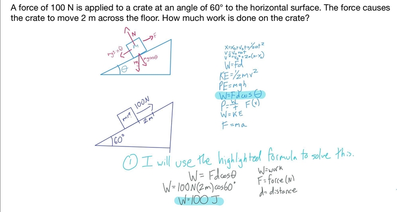 A force of 100 N is applied to a crate at an angle of 60° to the horizontal surface-example-1