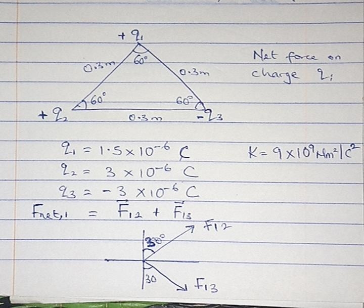 Three charges 1.5*10-6, 3*10-6, -3*10-6 are placed at three vertices of an equilateral-example-1