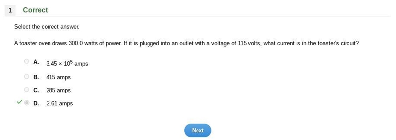 A toaster oven draws 300.0 watts of power. If it is plugged into an outlet with a-example-1