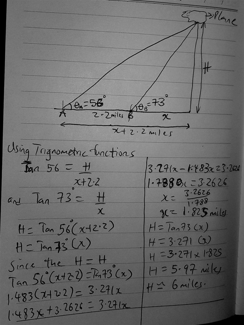 The angles of elevation to an airplane from two points A and B on level ground are-example-1