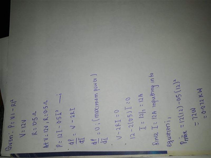 The formula for the power output P of a battery is P = VI – RI2, where V is the electromotive-example-1