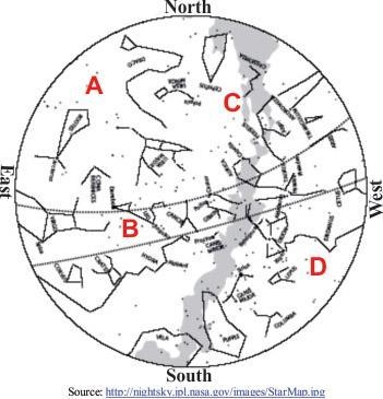 The diagram below shows a star map. At which of these locations would the moon be-example-1