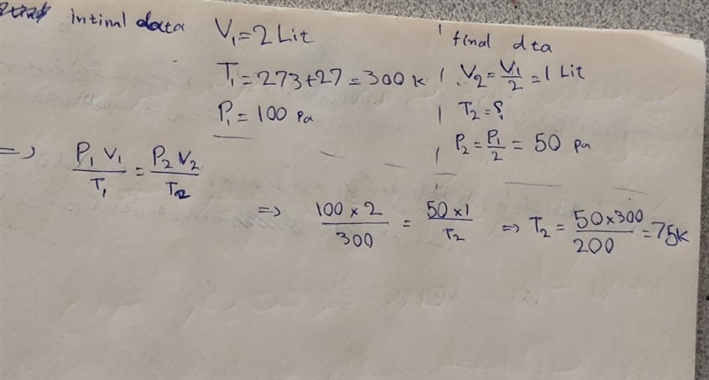 A certain mass of a gas occupies 2 litres at 27 °C and 100 pascal. Find the temperature-example-1