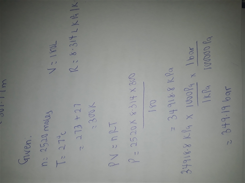 Calculate the pressure in bar of 2520 moles of hydrogen gas stored at 27∘C in the-example-1