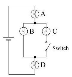 The circuit below contains an ideal battery, four identical light bulbs, and a switch-example-1