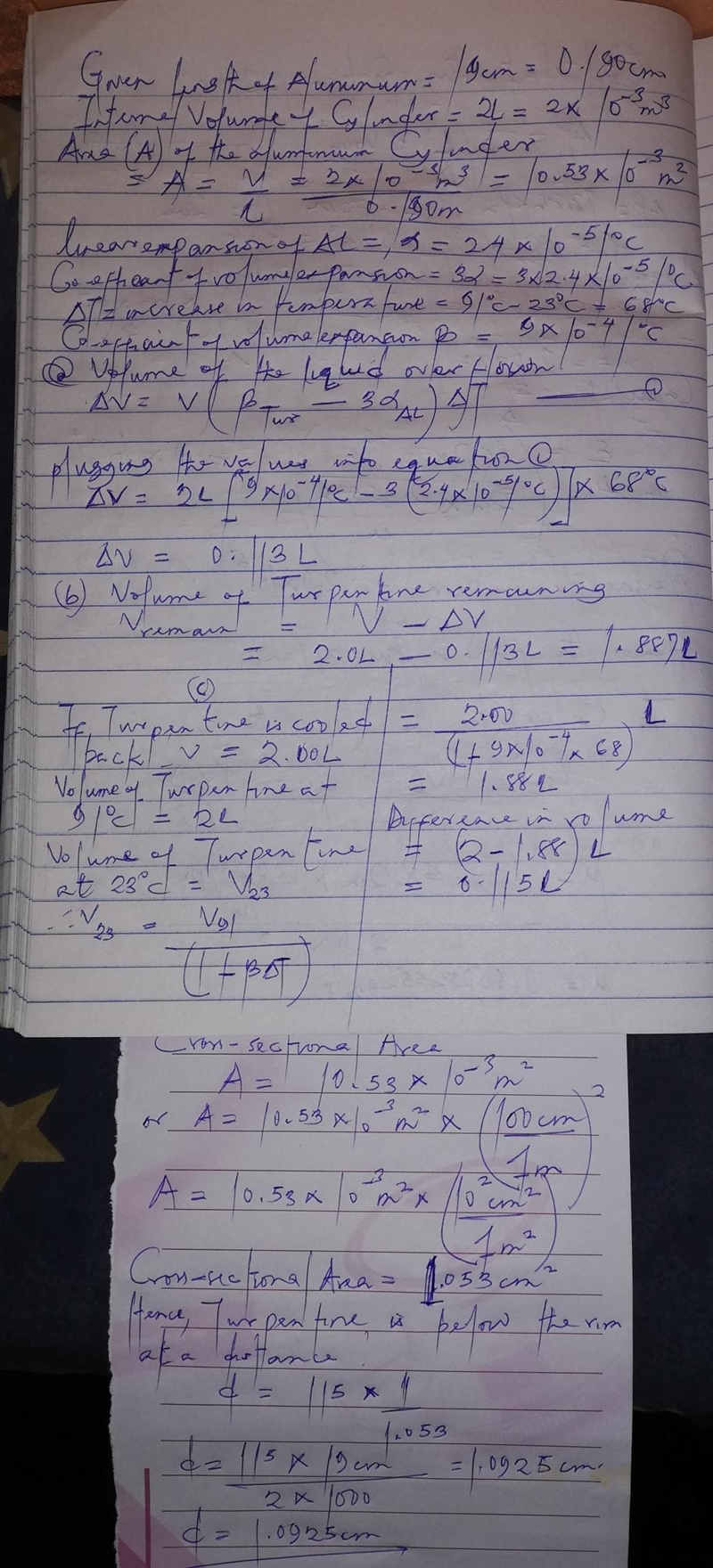 A hollow aluminum cylinder 19.0 cm deep has an internal capacity of 2.000 L at 23.0°C-example-1