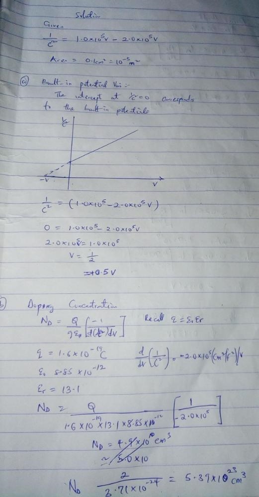 The capacitance of a Pt-n-type GaAs Schottky diode is given by 1 (C(μF))2 = 1.0 × 105 − 2.0 × 105 V-example-1