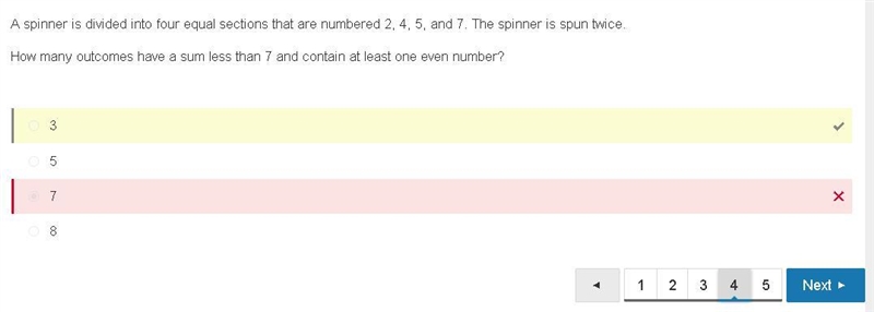 A spinner is divided into four equal sections that are numbered 2, 4, 5, and 7. The-example-1