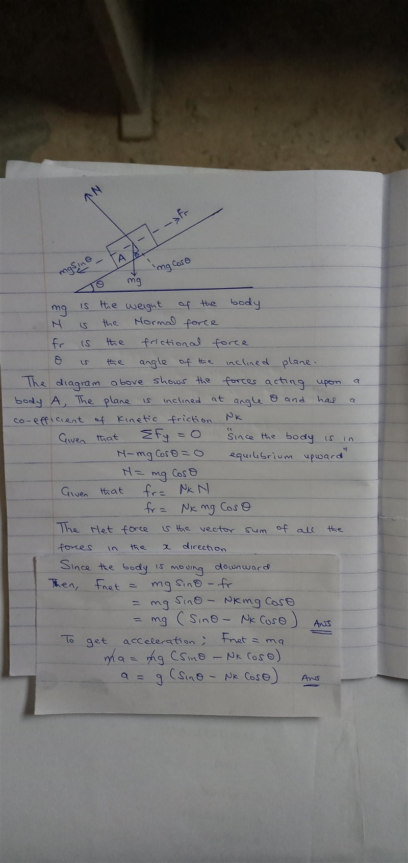 What is the net force that accelerates an object on an inclined plane due to the effect-example-1