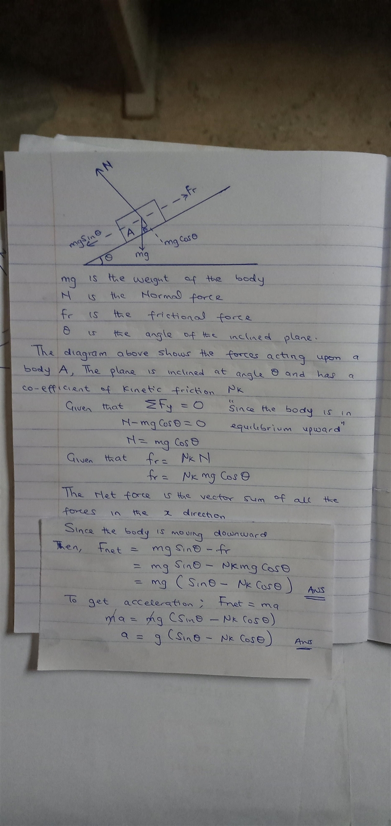 What is the net force that accelerates an object on an inclined plane due to the effect-example-2