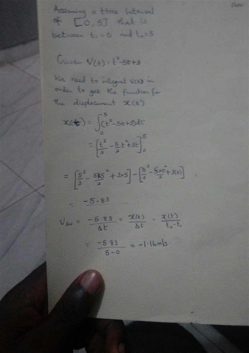 Given that the velocity function of a particle is v(t)=t²-5t+3. Calculate the average-example-1