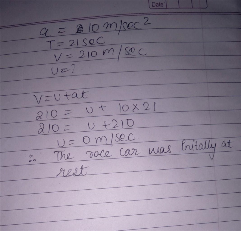 A race car speeds up with an acceleration of 10 m/s2 for 21 s. If its final velocity-example-1