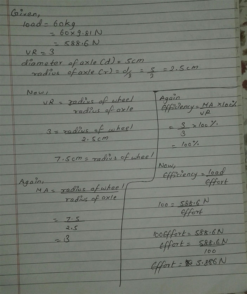 A person lifts a load of 60kg ustag a wheel and axle Of VR 3. If the diameter of the-example-1