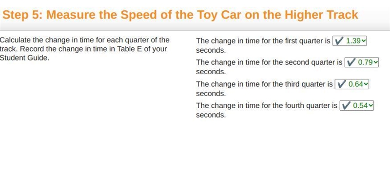 Calculate the change in time for each quarter of the track. Record the change in time-example-1