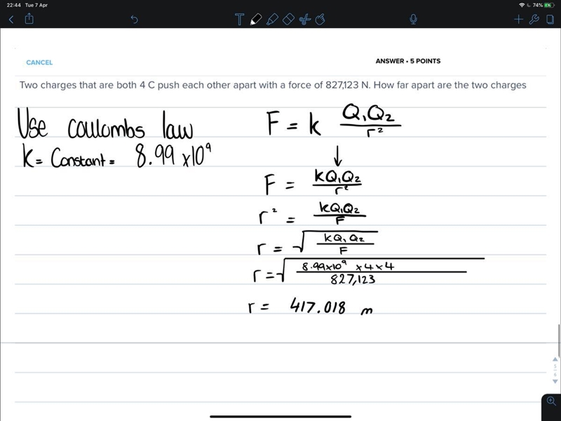 Two charges that are both 4 C push each other apart with a force of 827,123 N. How-example-1