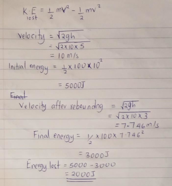 a ball of mass 100g falls from a height of 5m and rebounds to a height of 3m . calculate-example-1