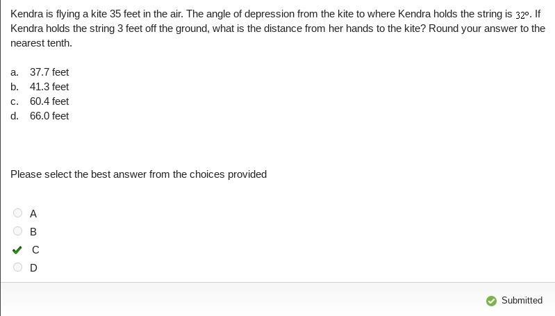 Kendra is flying a kite 35 feet in the air. The angle of depression from the kite-example-1