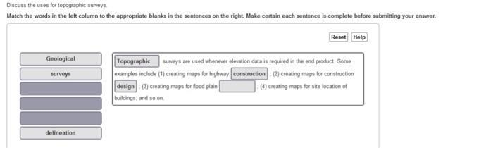 Discuss the uses for topographic surveys Match the words in the left column to the-example-1