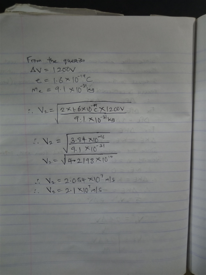 If an electron is accelerated from rest through a potential difference of 1200V find-example-2