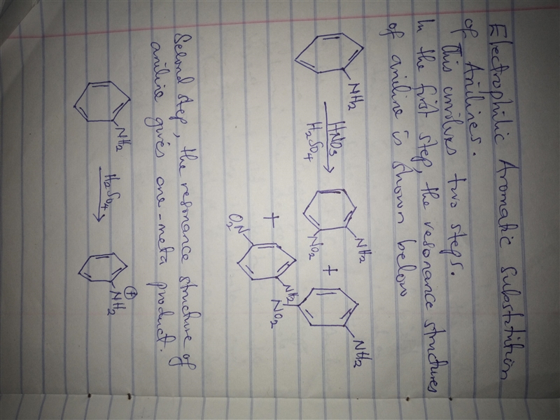 How many resonance structures does aniline have after the first step of electrophilic-example-1