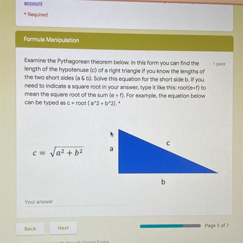 Examine the Pythagorean theorem below. In this form you can find the length of the-example-1