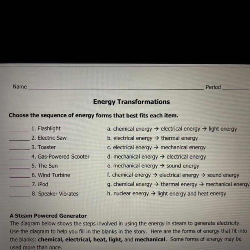 Choose the sequence of energy forms that best fits each item.-example-1