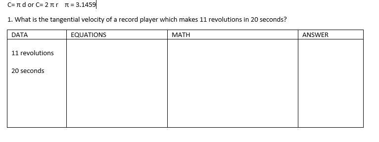 What is the tangential velocity of a record player which makes 11 revolutions in 20 seconds-example-1