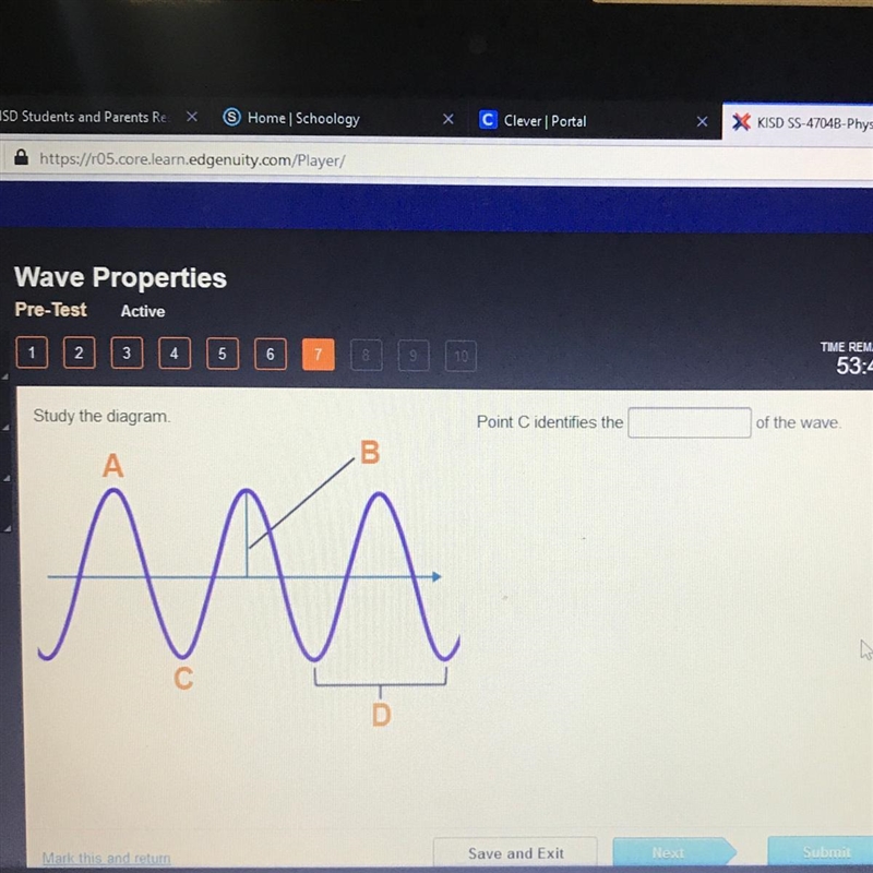 Hurry Please !!!!! Study the diagram Point C identifies the____ of the wave-example-1