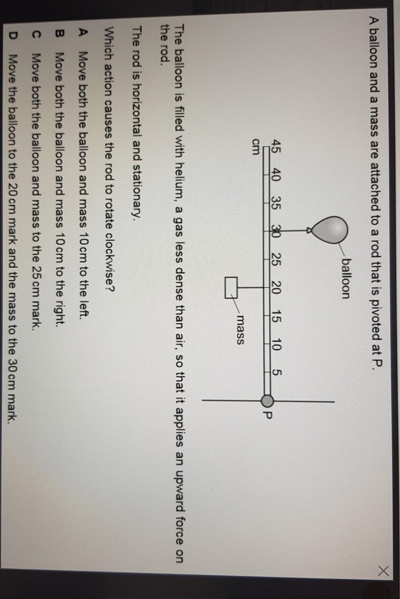 A balloon and a mass are attached to a rod that is pivoted at P. The balloon is filled-example-1