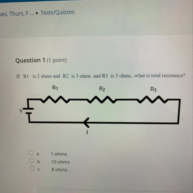 If R1 is 2 ohms and R2 is 3 ohms and R3 is 5 ohms...what is total resistance? R1 R-example-1