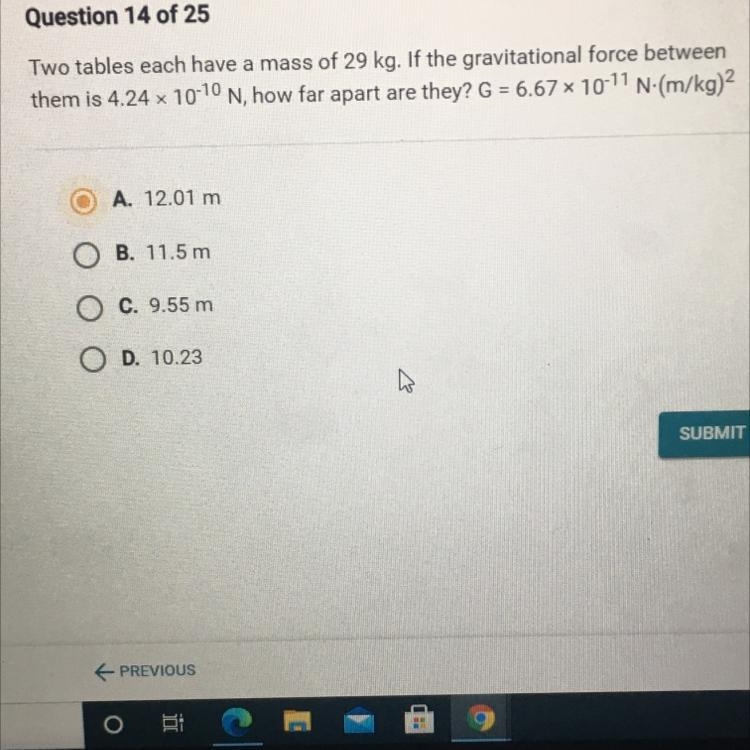 Two tables each have a mass of 29 kg. If the gravitational force between them is 4.24 x-example-1