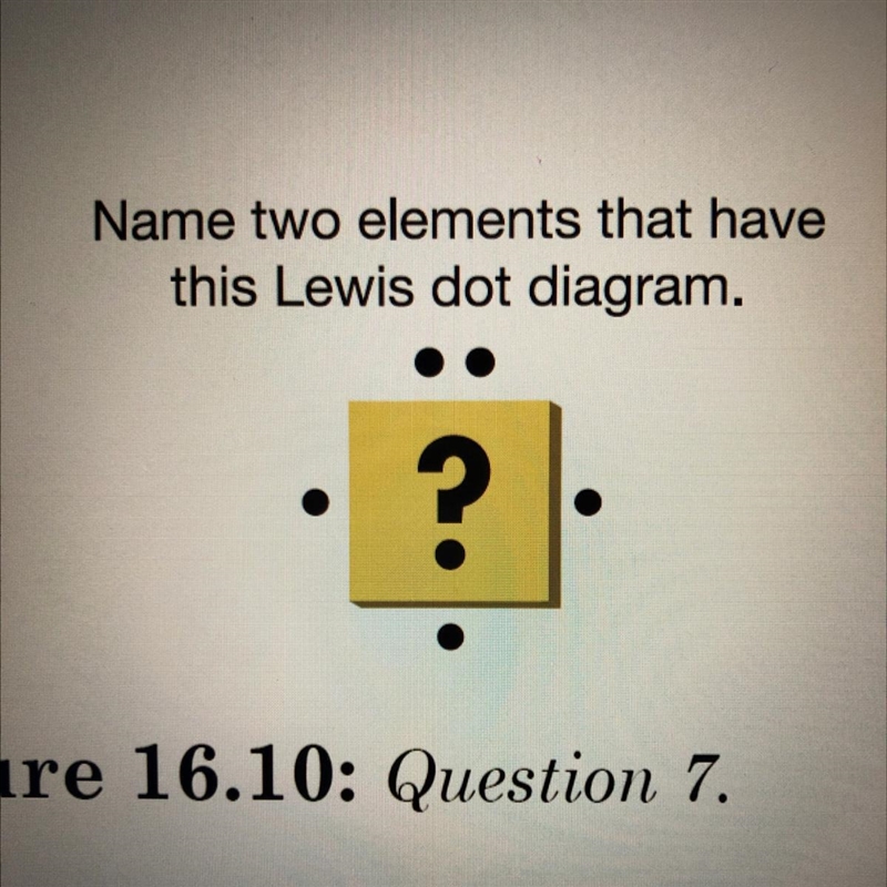 PLEASE HELP! Name two elements that have the Lewis dot diagram shown in the image-example-1