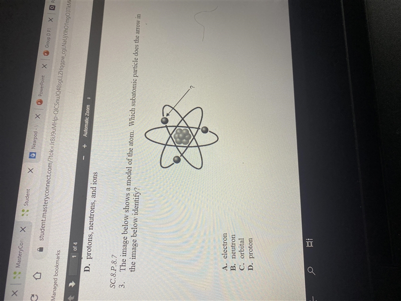 The image below shows a model of the atom which subatomic particle does the arrow-example-1