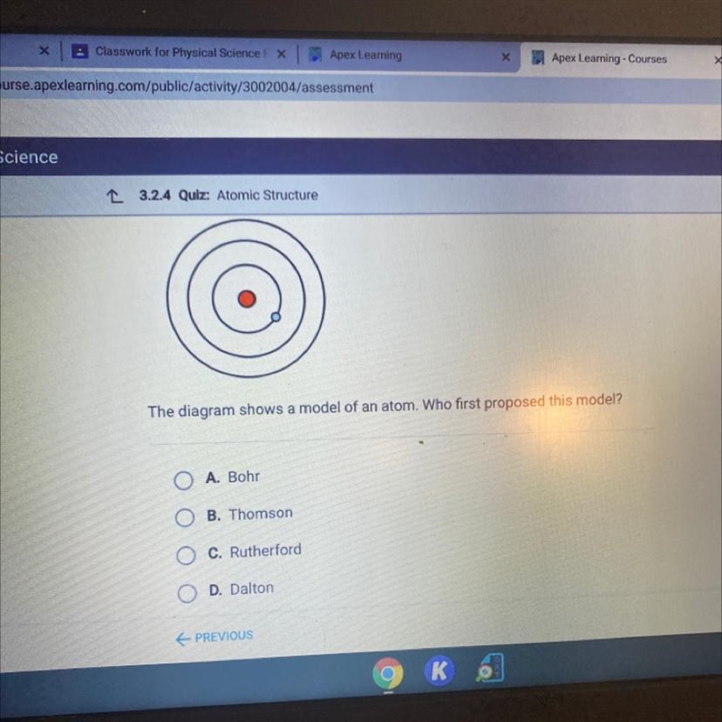 The diagram shows a model of an atom. Who first proposed this model? A. Bohr B. Thomson-example-1