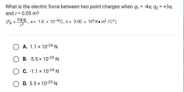 What is the electric force between two points charges when q1=-4e, q2 = +3e, and r-example-1