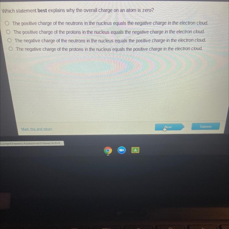 Which statement best explains why the overall charge on an atom is zero? O The positive-example-1