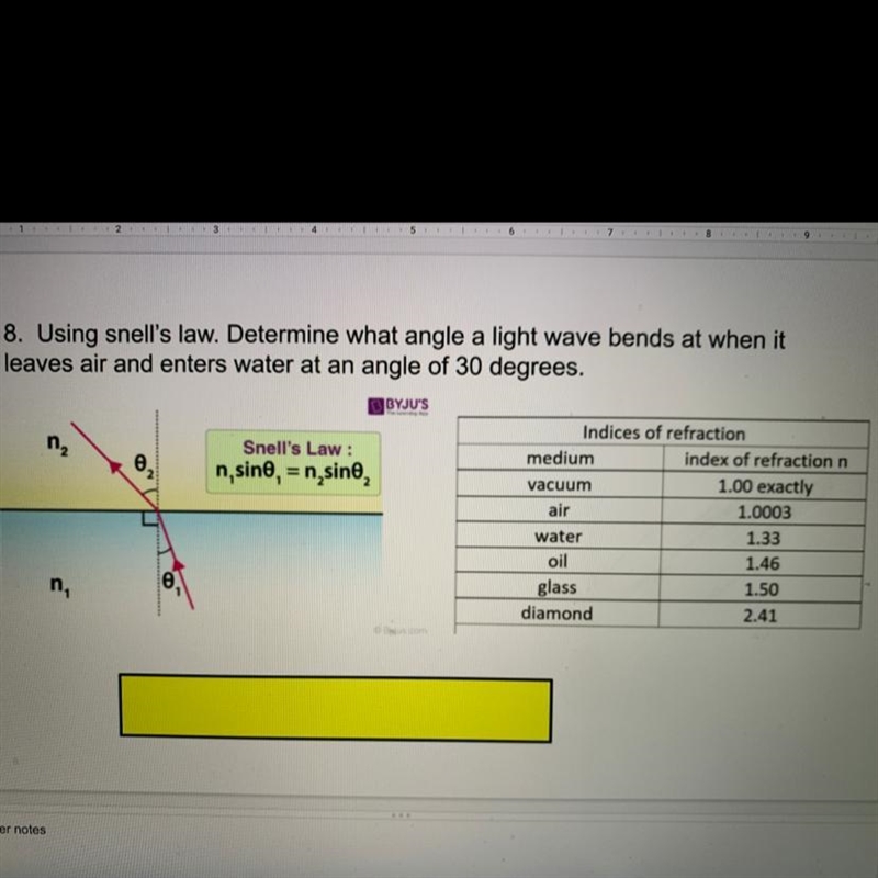 Using snell's law. Determine what angle a light wave bends at when it leaves air and-example-1